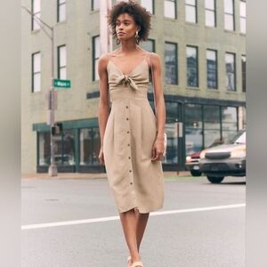 Express Linen-Blend Tie Front Keyhole Button Midi Dress